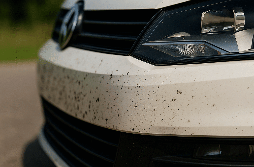 Zomerse autoreiniging – vieze bumper met insecten en vuil na zomerse rit